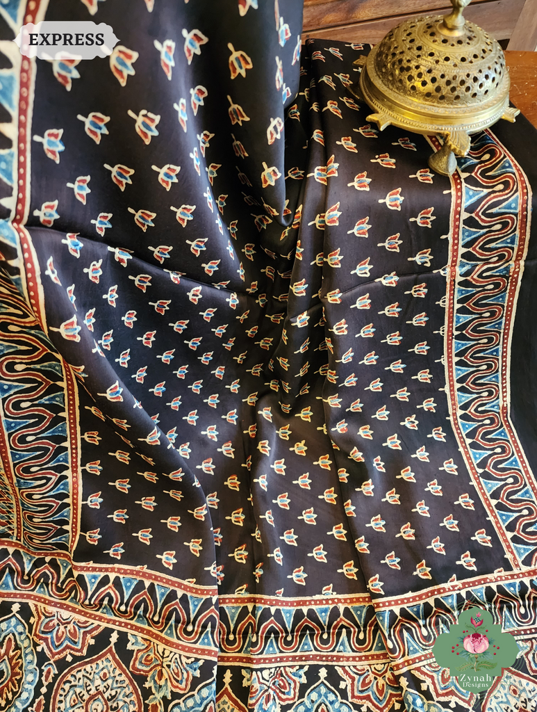 Black Modal Silk Saree Crafted Using The Traditional Method Of Hand Block Printing Using 100% Natural Dyes 4