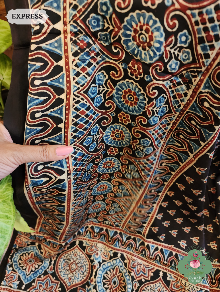 Black Modal Silk Saree Crafted Using The Traditional Method Of Hand Block Printing Using 100% Natural Dyes 5