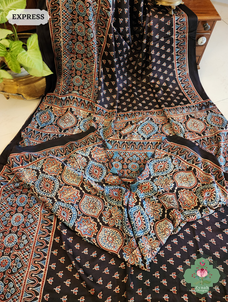 Black Modal Silk Saree Crafted Using The Traditional Method Of Hand Block Printing Using 100% Natural Dyes 6