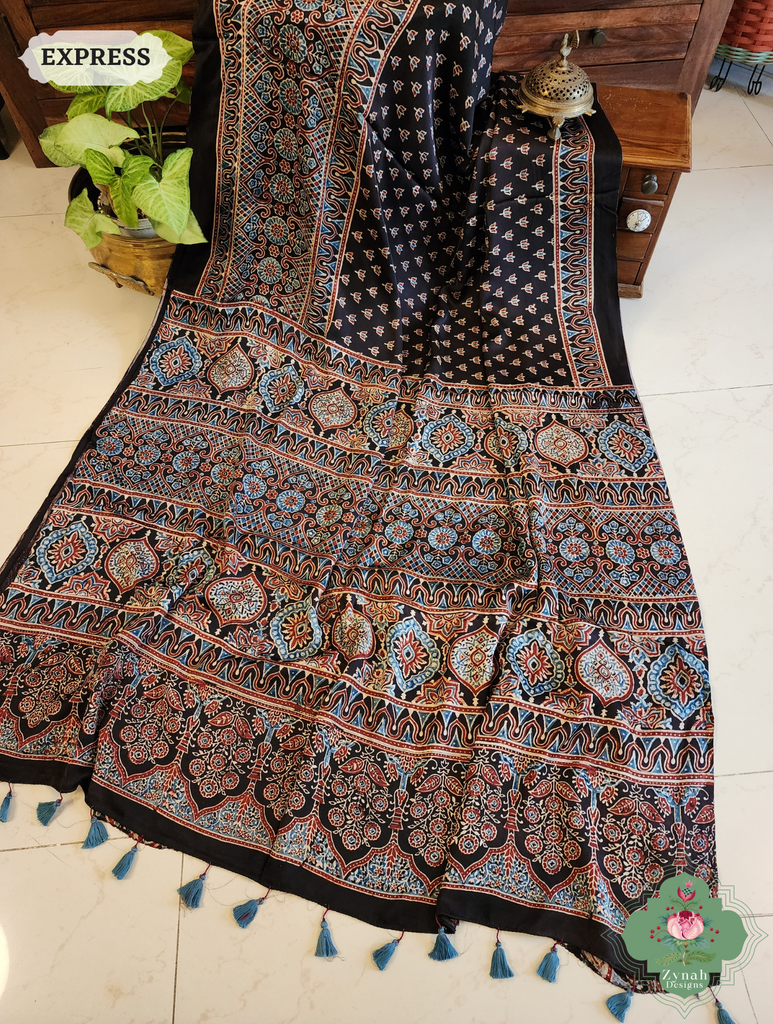 Black Modal Silk Saree Crafted Using The Traditional Method Of Hand Block Printing Using 100% Natural Dyes 7