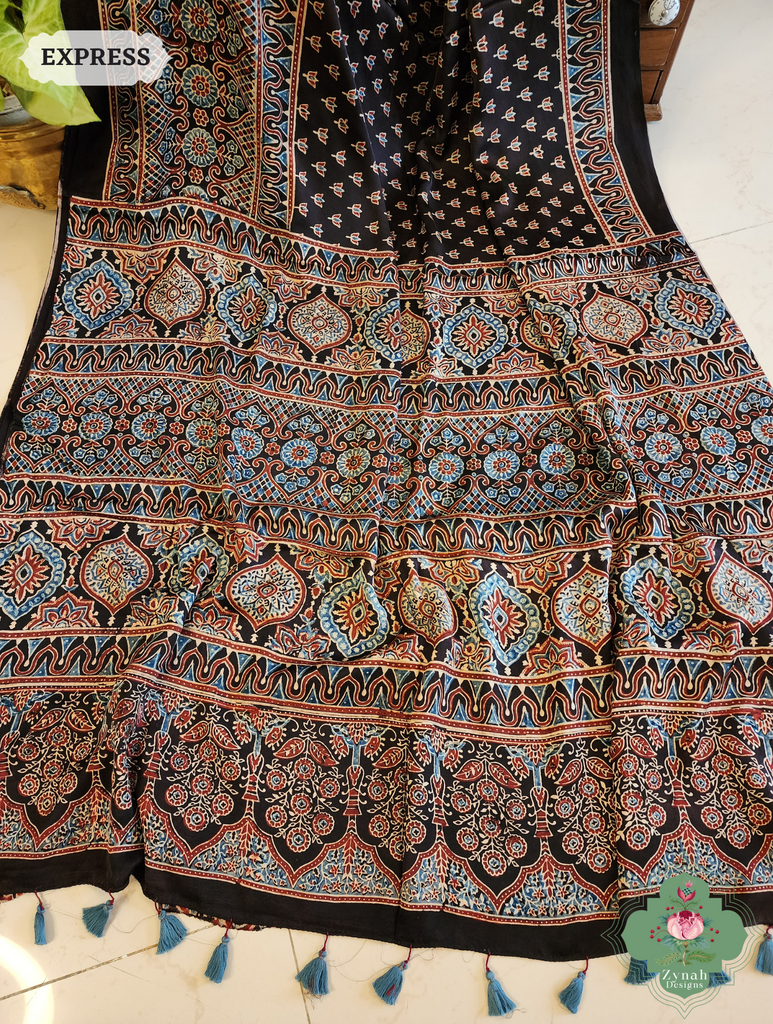 Black Modal Silk Saree Crafted Using The Traditional Method Of Hand Block Printing Using 100% Natural Dyes 8