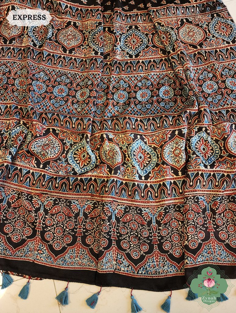 Black Modal Silk Saree Crafted Using The Traditional Method Of Hand Block Printing Using 100% Natural Dyes 9