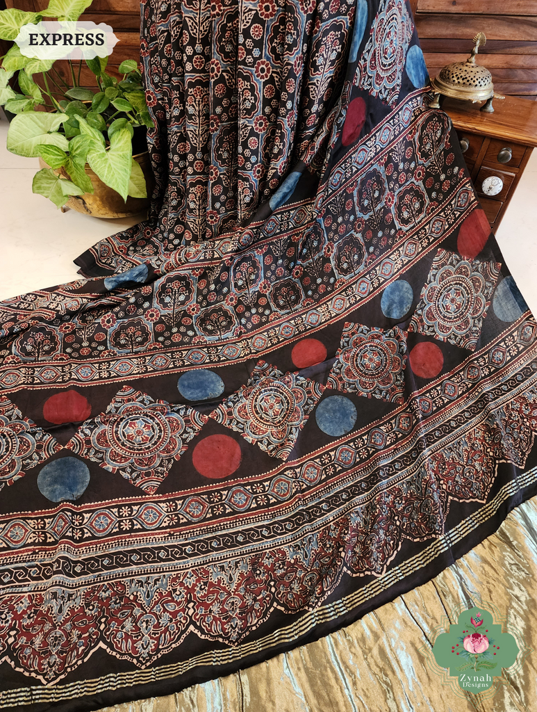 Black Ajrakh Modal Silk Saree Crafted Using The Traditional Method Of Hand Block Printing Using 100% Natural Dyes 5
