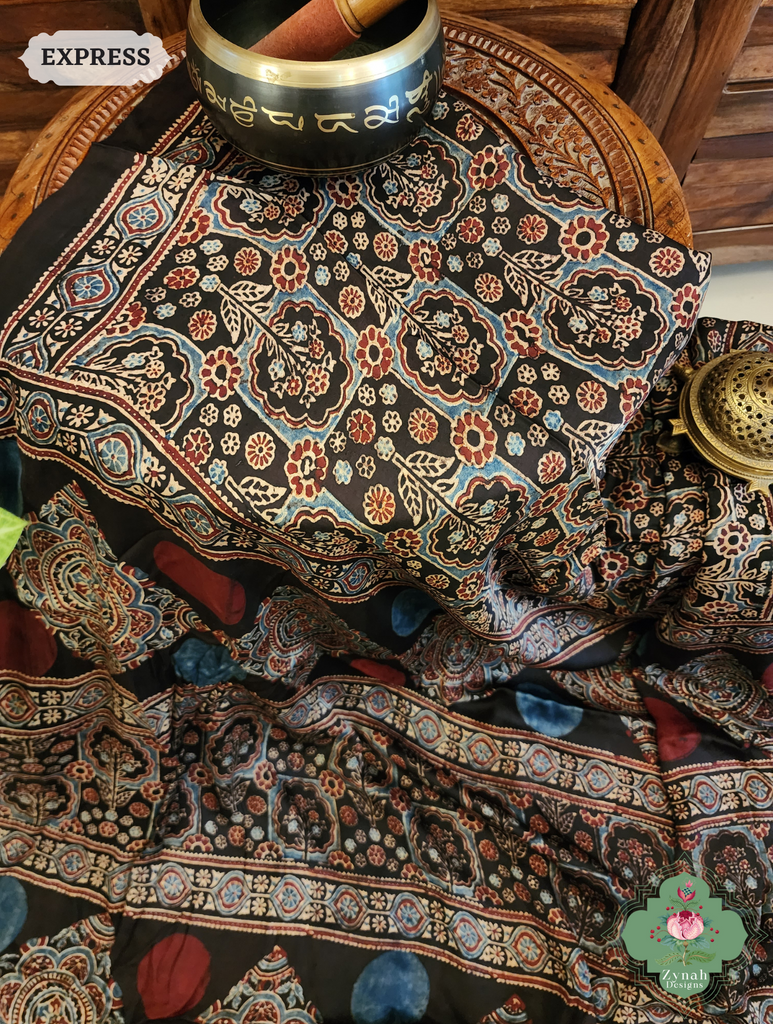 Black Ajrakh Modal Silk Saree Crafted Using The Traditional Method Of Hand Block Printing Using 100% Natural Dyes 6