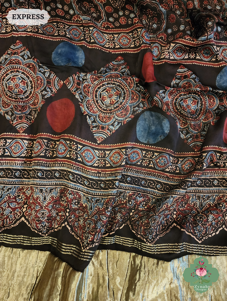 Black Ajrakh Modal Silk Saree Crafted Using The Traditional Method Of Hand Block Printing Using 100% Natural Dyes 7