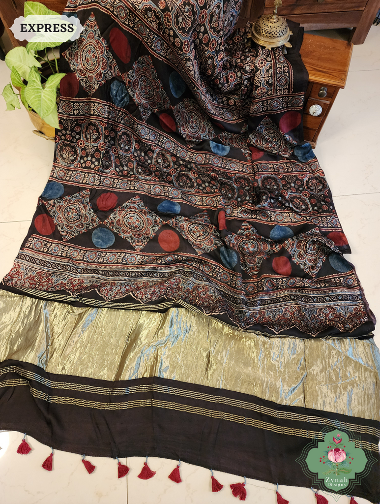 Black Ajrakh Modal Silk Saree Crafted Using The Traditional Method Of Hand Block Printing Using 100% Natural Dyes 8