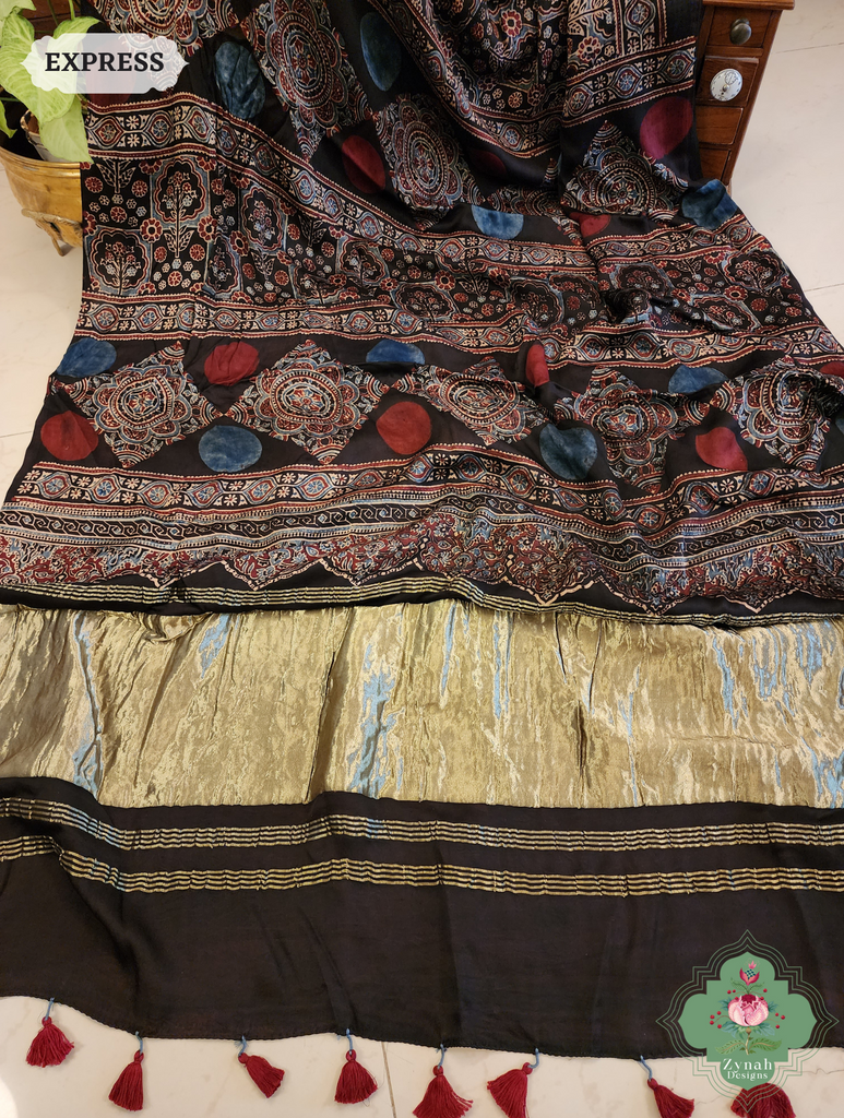 Black Ajrakh Modal Silk Saree Crafted Using The Traditional Method Of Hand Block Printing Using 100% Natural Dyes 9