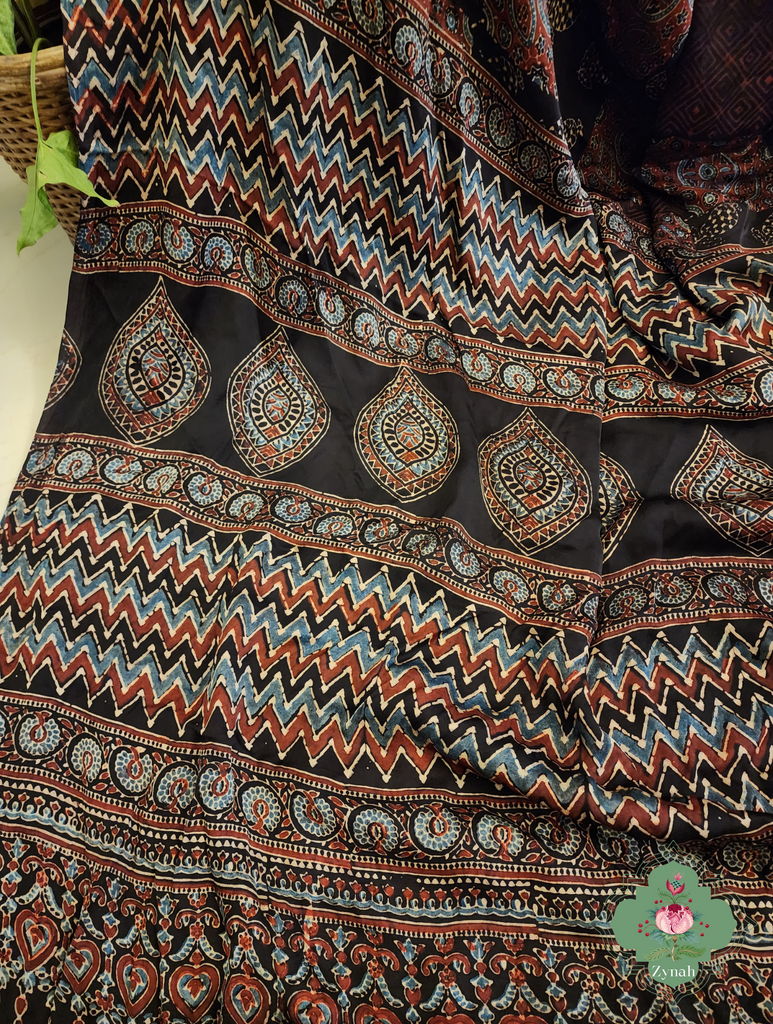 Black Ajrakh Modal Silk Saree With Lagdi Patta Pallu 11