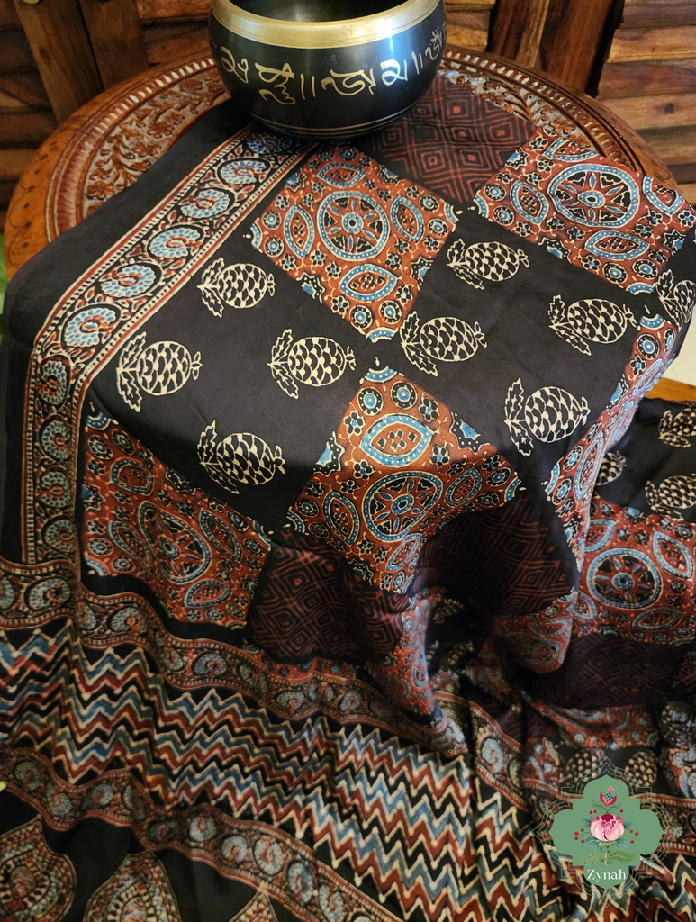 Zynah Black Ajrakh Modal Silk Saree With Lagdi Patta Pallu, Crafted Using The Traditional Method Of Hand Block Printing Using 100% Natural Dyes; Custom Stitched/Ready-made Blouse, Fall, Petticoat; SKU: 2001202402