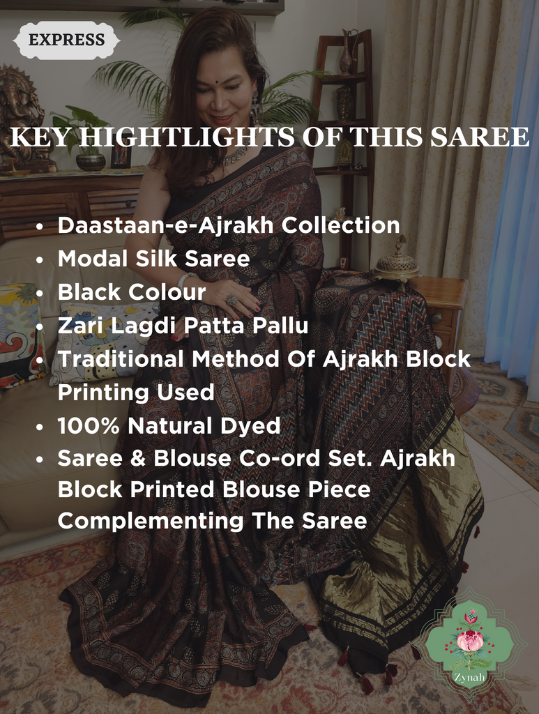 Black Ajrakh Modal Silk Saree With Lagdi Patta Pallu 2