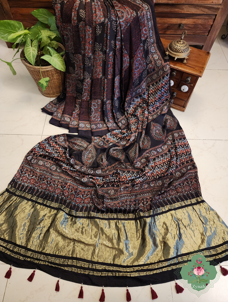 Black Ajrakh Modal Silk Saree With Lagdi Patta Pallu 6
