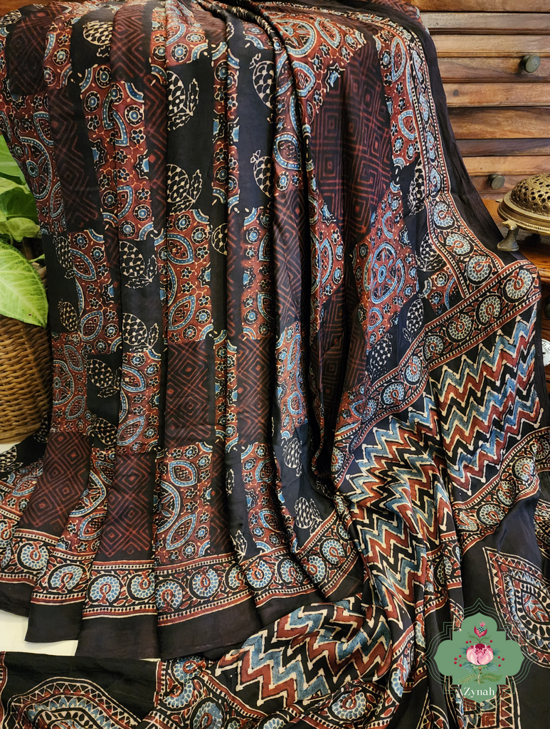 Black Ajrakh Modal Silk Saree With Lagdi Patta Pallu 8