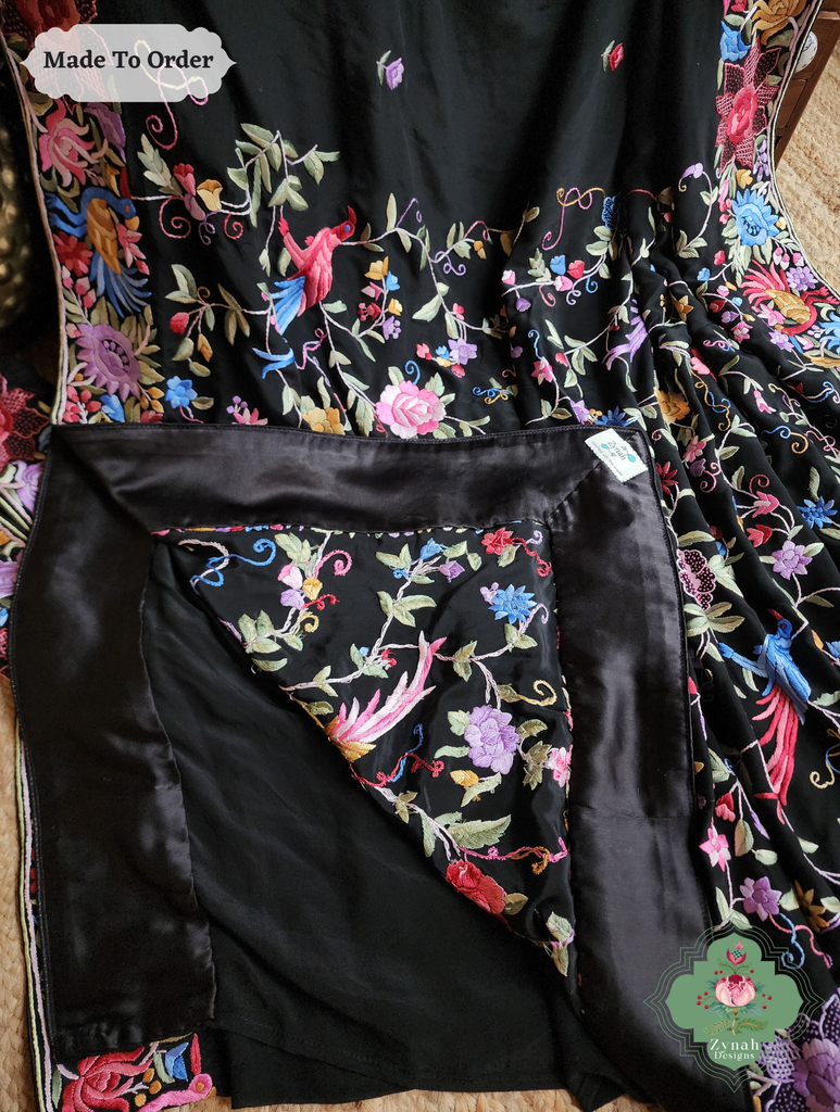Zynah Made To Order Black Pure Crepe Silk Hand Embroidered Authentic Parsi Gara Saree; Custom Stitched/Ready-made Blouse, Fall, Petticoat; SKU: 1109202505