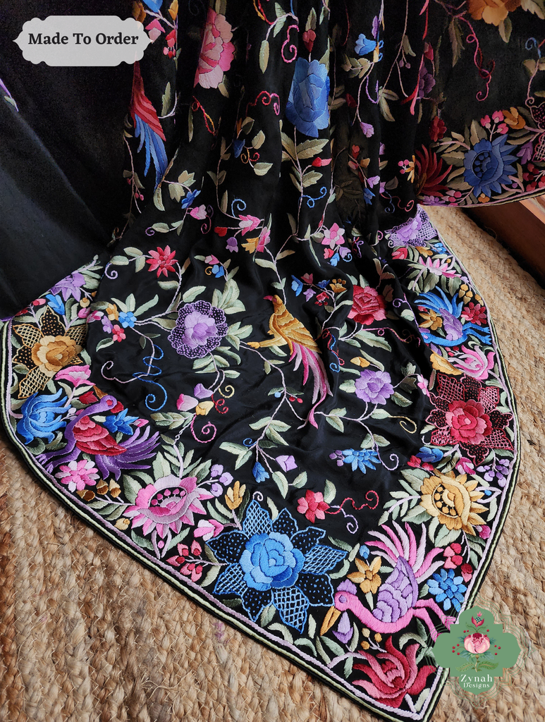 Zynah Made To Order Black Pure Crepe Silk Hand Embroidered Authentic Parsi Gara Saree; Custom Stitched/Ready-made Blouse, Fall, Petticoat; SKU: 1109202505
