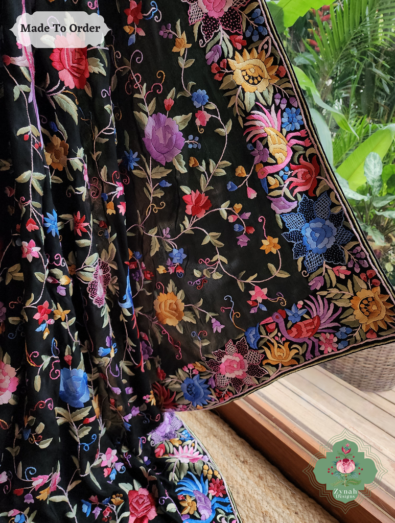 Zynah Made To Order Black Pure Crepe Silk Hand Embroidered Authentic Parsi Gara Saree; Custom Stitched/Ready-made Blouse, Fall, Petticoat; SKU: 1109202505
