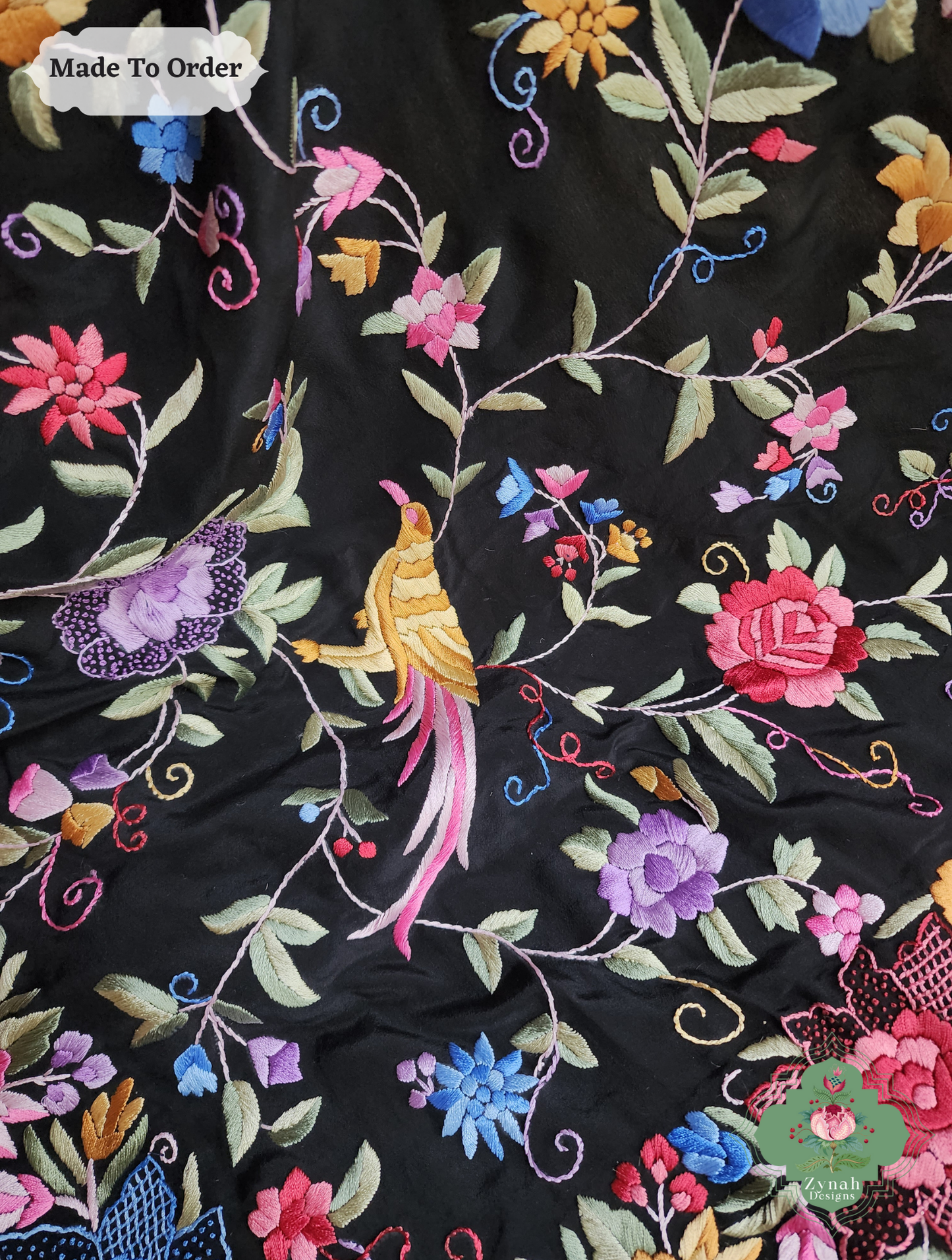 Zynah Shaam-e-Parizad – Black Pure Crepe Silk Hand Embroidered Authentic Parsi Gara Saree