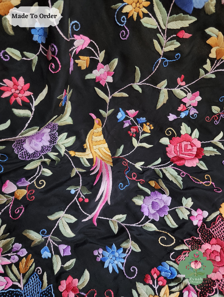 Zynah Made To Order Black Pure Crepe Silk Hand Embroidered Authentic Parsi Gara Saree; Custom Stitched/Ready-made Blouse, Fall, Petticoat; SKU: 1109202505