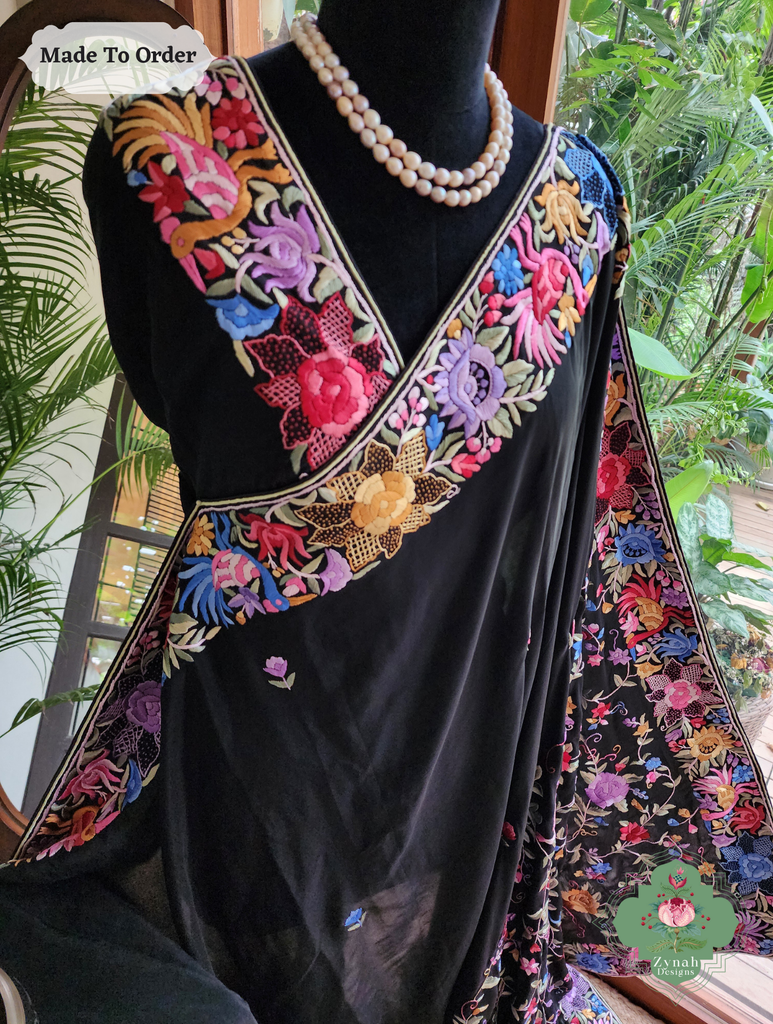 Zynah Made To Order Black Pure Crepe Silk Hand Embroidered Authentic Parsi Gara Saree; Custom Stitched/Ready-made Blouse, Fall, Petticoat; SKU: 1109202505