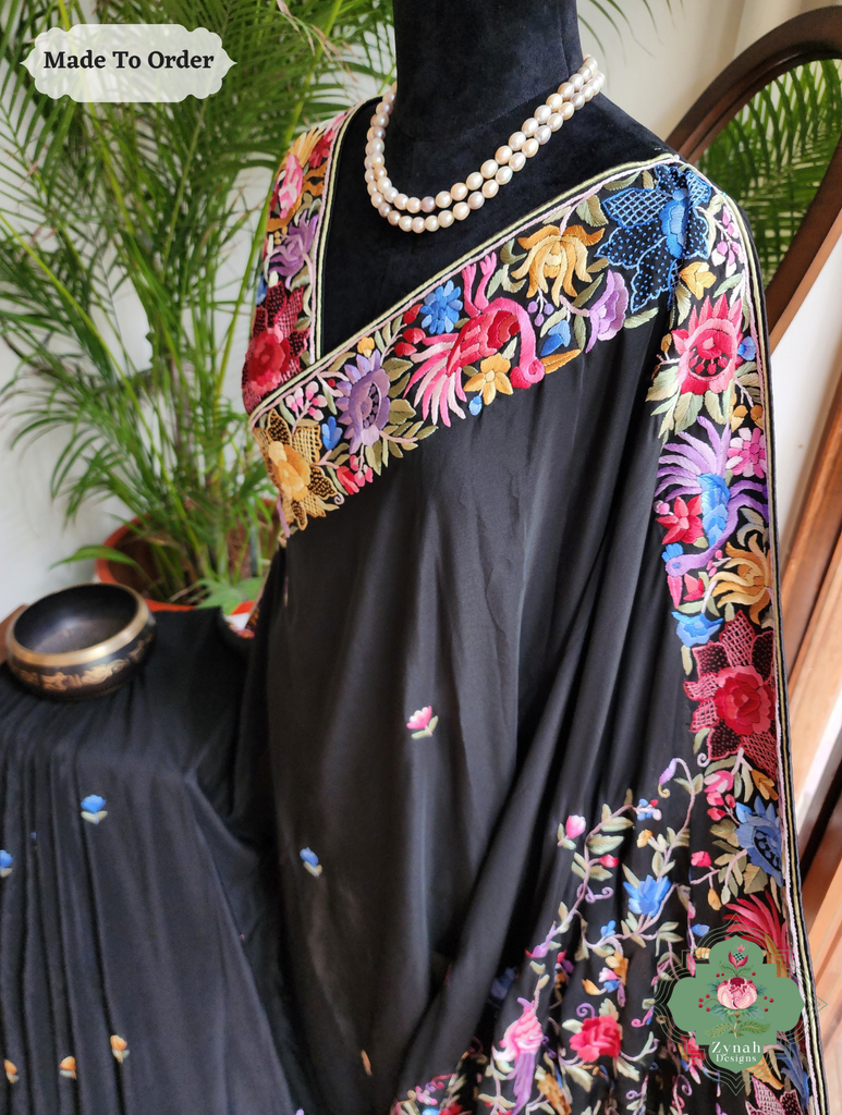 Zynah Made To Order Black Pure Crepe Silk Hand Embroidered Authentic Parsi Gara Saree; Custom Stitched/Ready-made Blouse, Fall, Petticoat; SKU: 1109202505