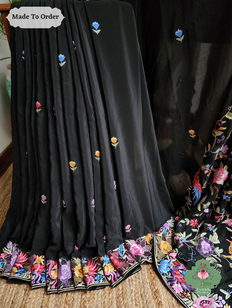 Zynah Made To Order Black Pure Crepe Silk Hand Embroidered Authentic Parsi Gara Saree; Custom Stitched/Ready-made Blouse, Fall, Petticoat; SKU: 1109202505