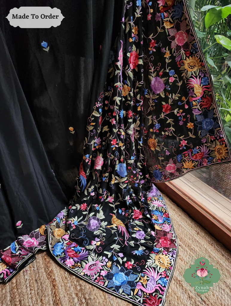 Zynah Made To Order Black Pure Crepe Silk Hand Embroidered Authentic Parsi Gara Saree; Custom Stitched/Ready-made Blouse, Fall, Petticoat; SKU: 1109202505
