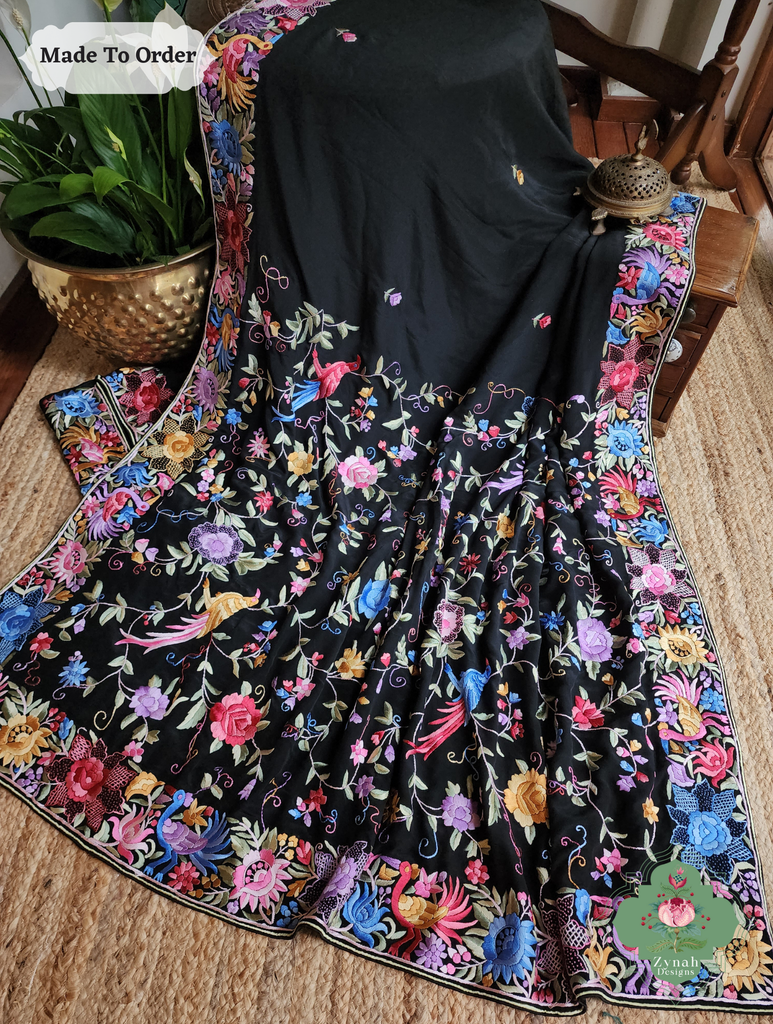 Zynah Made To Order Black Pure Crepe Silk Hand Embroidered Authentic Parsi Gara Saree; Custom Stitched/Ready-made Blouse, Fall, Petticoat; SKU: 1109202505