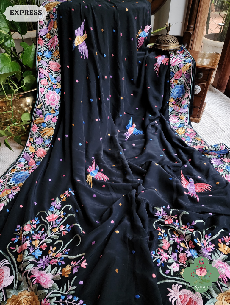 Zynah Black Crepe Silk Hand Embroidered Authentic Parsi Gara Saree With Designer Bouquet Motifs; Custom Stitched/Ready-made Blouse, Fall, Petticoat; SKU: 0901202502