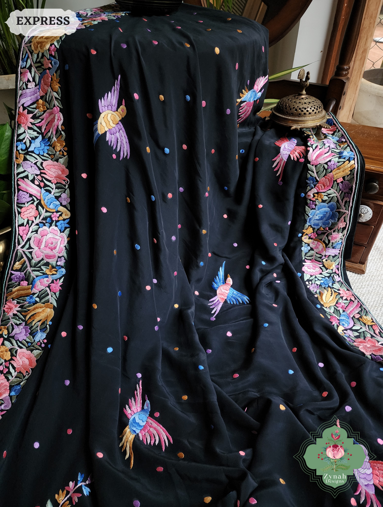 Zynah Black Crepe Silk Hand Embroidered Authentic Parsi Gara Saree With Designer Bouquet Motifs; Custom Stitched/Ready-made Blouse, Fall, Petticoat; SKU: 0901202502