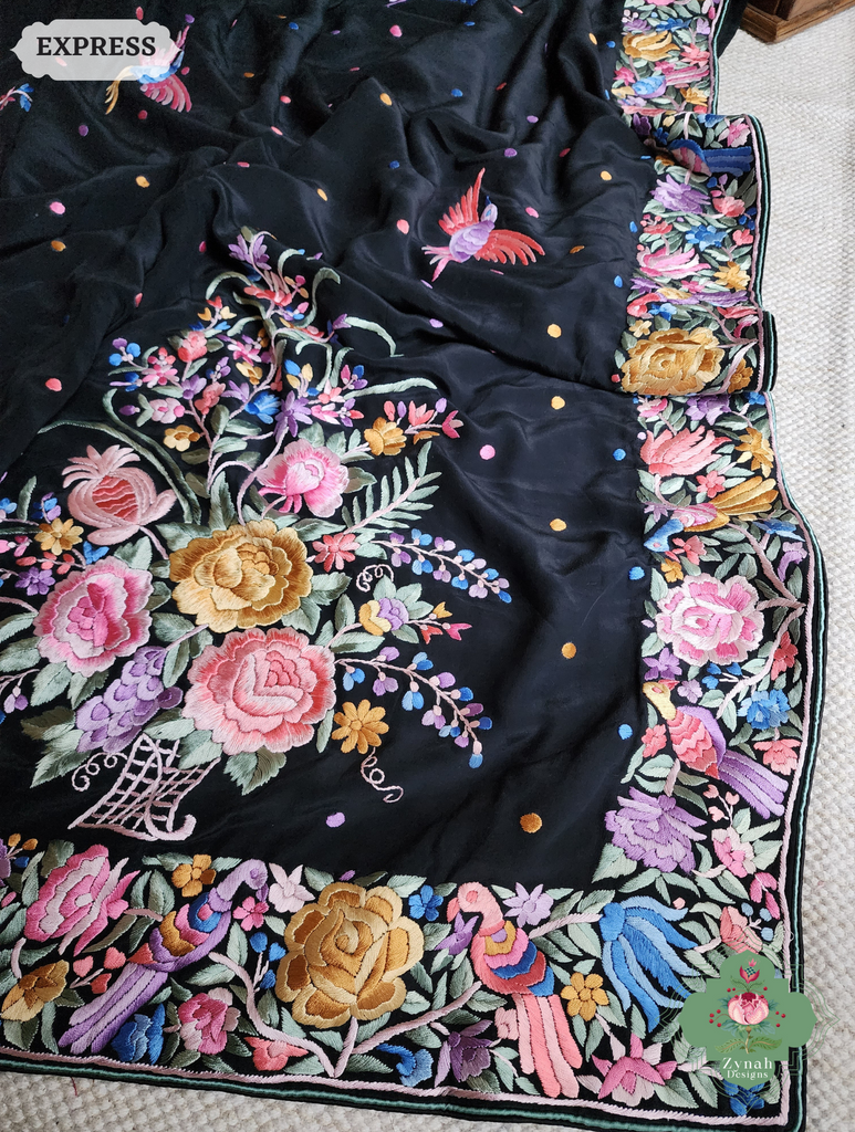 Zynah Black Crepe Silk Hand Embroidered Authentic Parsi Gara Saree With Designer Bouquet Motifs; Custom Stitched/Ready-made Blouse, Fall, Petticoat; SKU: 0901202502