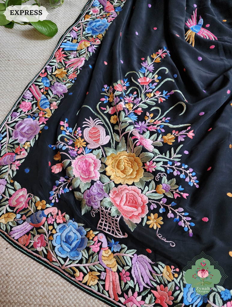 Zynah Black Crepe Silk Hand Embroidered Authentic Parsi Gara Saree With Designer Bouquet Motifs; Custom Stitched/Ready-made Blouse, Fall, Petticoat; SKU: 0901202502