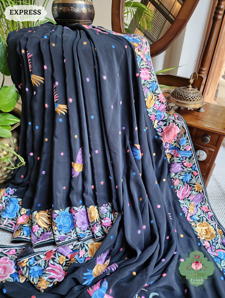 Zynah Black Crepe Silk Hand Embroidered Authentic Parsi Gara Saree With Designer Bouquet Motifs; Custom Stitched/Ready-made Blouse, Fall, Petticoat; SKU: 0901202502