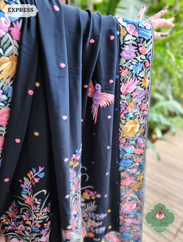 Zynah Black Crepe Silk Hand Embroidered Authentic Parsi Gara Saree With Designer Bouquet Motifs; Custom Stitched/Ready-made Blouse, Fall, Petticoat; SKU: 0901202502