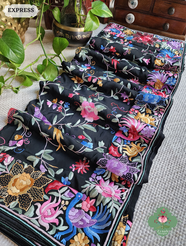 Zynah Black Crepe Silk Hand Embroidered Authentic Parsi Gara Saree With Designer Bouquet Motifs; Custom Stitched/Ready-made Blouse, Fall, Petticoat; SKU: 0901202502