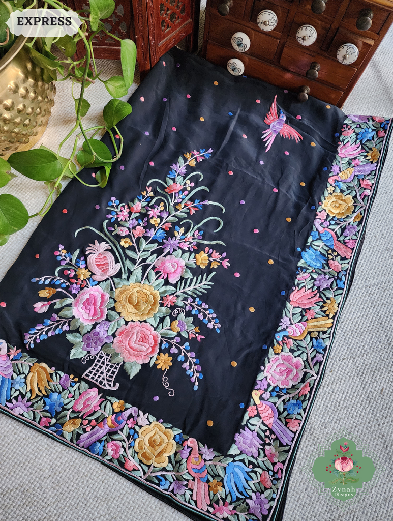 Zynah Black Crepe Silk Hand Embroidered Authentic Parsi Gara Saree With Designer Bouquet Motifs; Custom Stitched/Ready-made Blouse, Fall, Petticoat; SKU: 0901202502