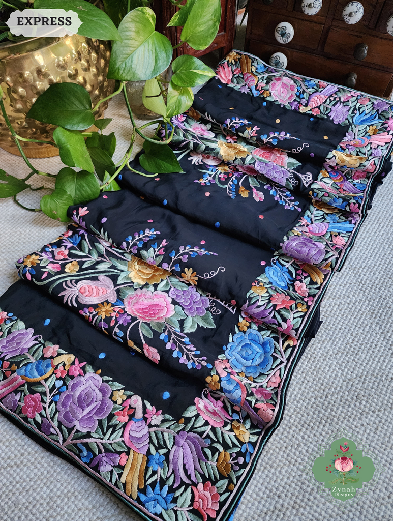 Zynah Black Crepe Silk Hand Embroidered Authentic Parsi Gara Saree With Designer Bouquet Motifs; Custom Stitched/Ready-made Blouse, Fall, Petticoat; SKU: 0901202502