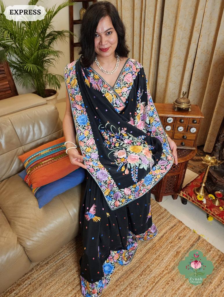 Zynah Black Crepe Silk Hand Embroidered Authentic Parsi Gara Saree With Designer Bouquet Motifs; Custom Stitched/Ready-made Blouse, Fall, Petticoat; SKU: 0901202502