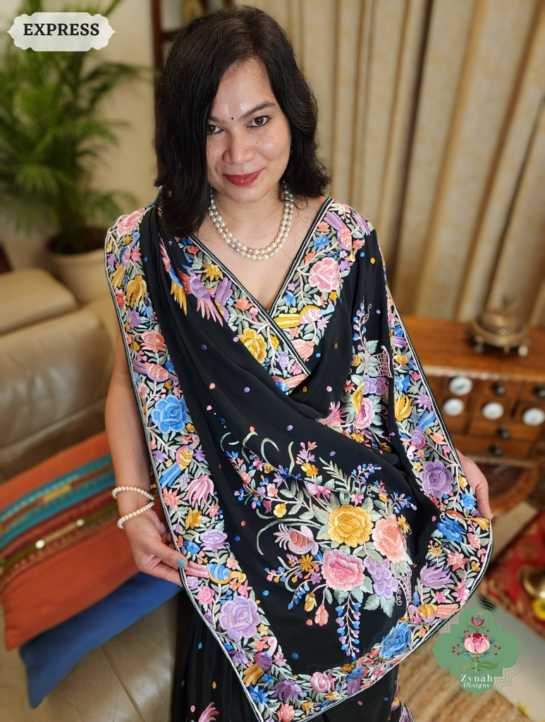 Zynah Black Crepe Silk Hand Embroidered Authentic Parsi Gara Saree With Designer Bouquet Motifs; Custom Stitched/Ready-made Blouse, Fall, Petticoat; SKU: 0901202502