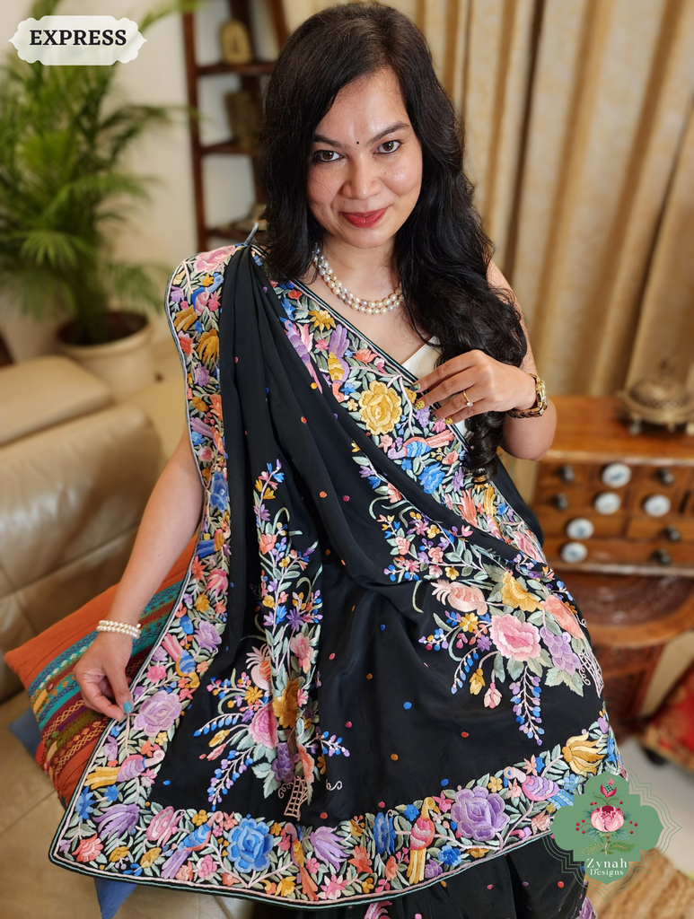 Zynah Black Crepe Silk Hand Embroidered Authentic Parsi Gara Saree With Designer Bouquet Motifs; Custom Stitched/Ready-made Blouse, Fall, Petticoat; SKU: 0901202502