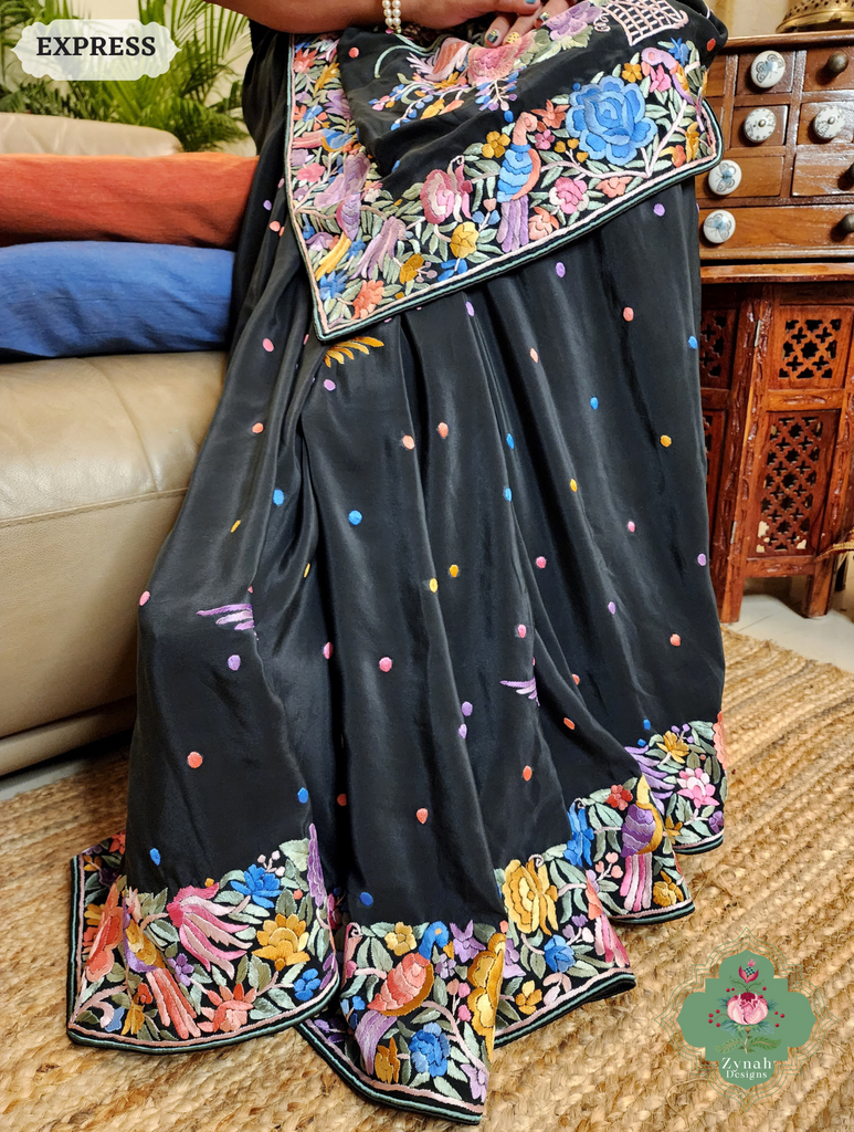 Zynah Black Crepe Silk Hand Embroidered Authentic Parsi Gara Saree With Designer Bouquet Motifs; Custom Stitched/Ready-made Blouse, Fall, Petticoat; SKU: 0901202502
