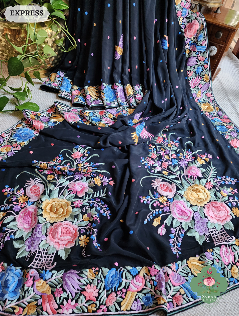 Zynah Black Crepe Silk Hand Embroidered Authentic Parsi Gara Saree With Designer Bouquet Motifs; Custom Stitched/Ready-made Blouse, Fall, Petticoat; SKU: 0901202502
