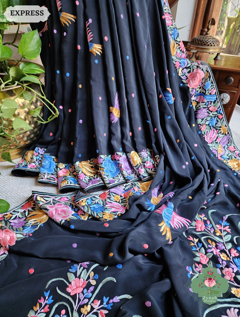 Zynah Black Crepe Silk Hand Embroidered Authentic Parsi Gara Saree With Designer Bouquet Motifs; Custom Stitched/Ready-made Blouse, Fall, Petticoat; SKU: 0901202502