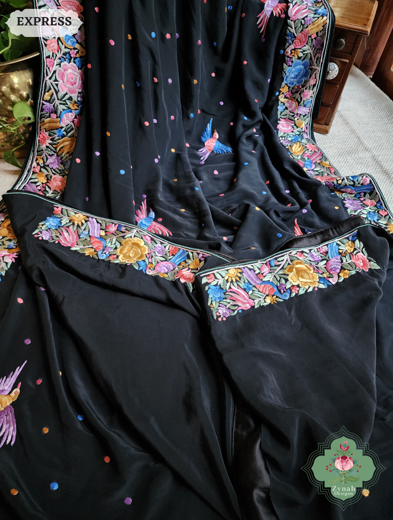 Zynah Black Crepe Silk Hand Embroidered Authentic Parsi Gara Saree With Designer Bouquet Motifs; Custom Stitched/Ready-made Blouse, Fall, Petticoat; SKU: 0901202502