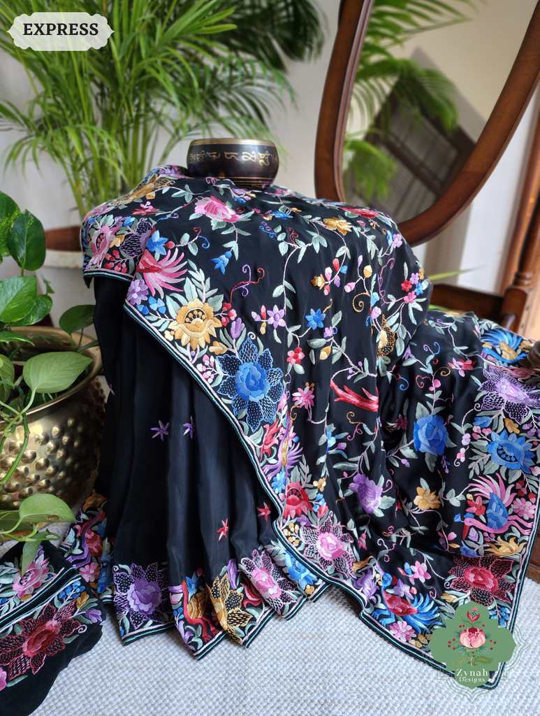 Zynah Made To Order Black Crepe Silk Hand Embroidered Authentic Parsi Gara Saree With Jaal Pallu; Custom Stitched/Ready-made Blouse, Fall, Petticoat; SKU: 0901202501