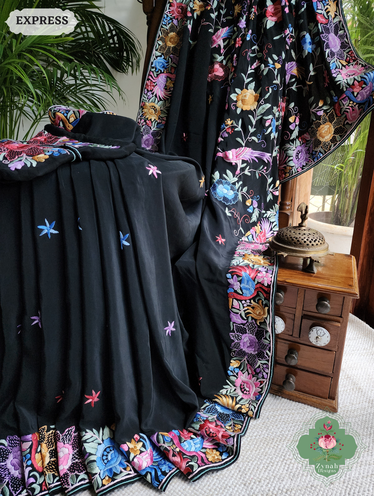 Zynah Made To Order Black Crepe Silk Hand Embroidered Authentic Parsi Gara Saree With Jaal Pallu; Custom Stitched/Ready-made Blouse, Fall, Petticoat; SKU: 0901202501