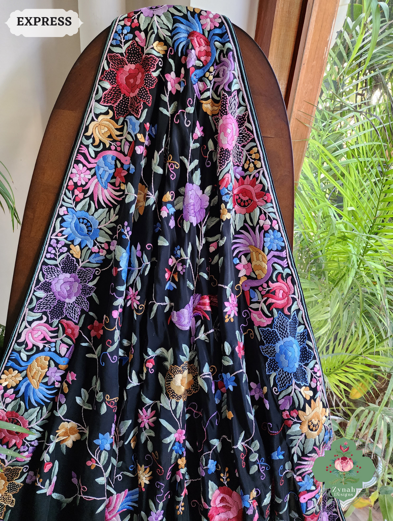 Zynah Made To Order Black Crepe Silk Hand Embroidered Authentic Parsi Gara Saree With Jaal Pallu; Custom Stitched/Ready-made Blouse, Fall, Petticoat; SKU: 0901202501