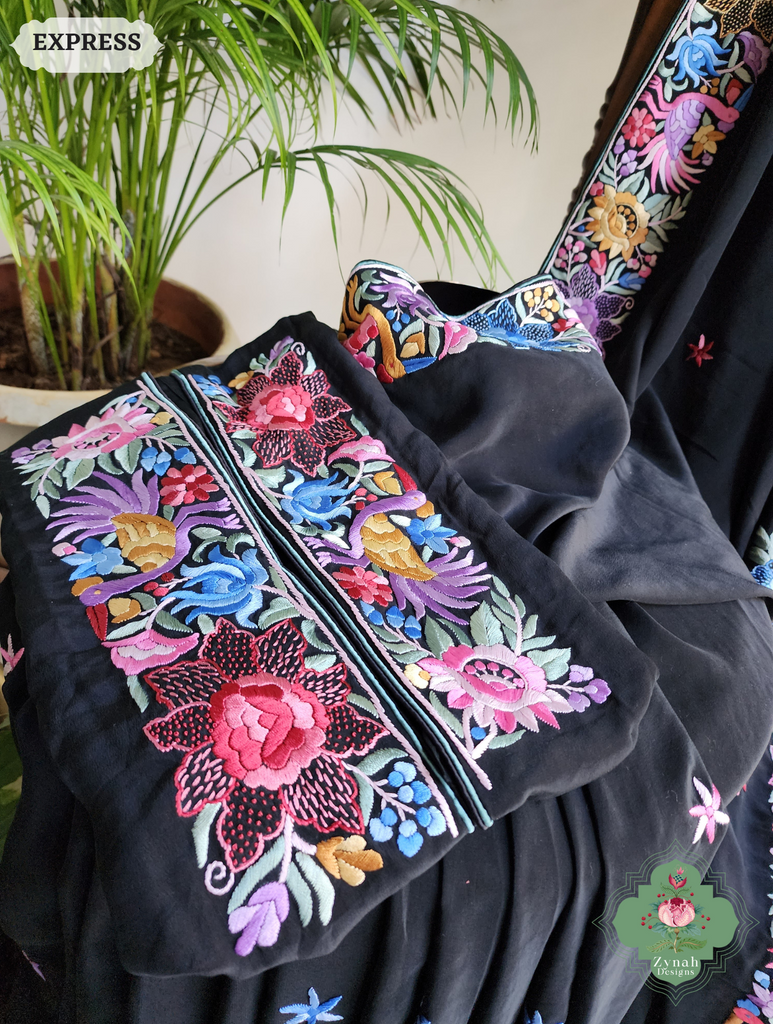 Zynah Made To Order Black Crepe Silk Hand Embroidered Authentic Parsi Gara Saree With Jaal Pallu; Custom Stitched/Ready-made Blouse, Fall, Petticoat; SKU: 0901202501