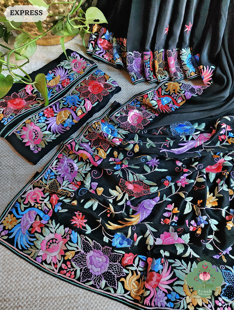 Zynah Made To Order Black Crepe Silk Hand Embroidered Authentic Parsi Gara Saree With Jaal Pallu; Custom Stitched/Ready-made Blouse, Fall, Petticoat; SKU: 0901202501