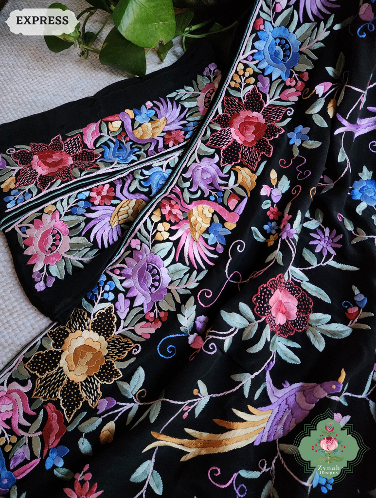Zynah Made To Order Black Crepe Silk Hand Embroidered Authentic Parsi Gara Saree With Jaal Pallu; Custom Stitched/Ready-made Blouse, Fall, Petticoat; SKU: 0901202501