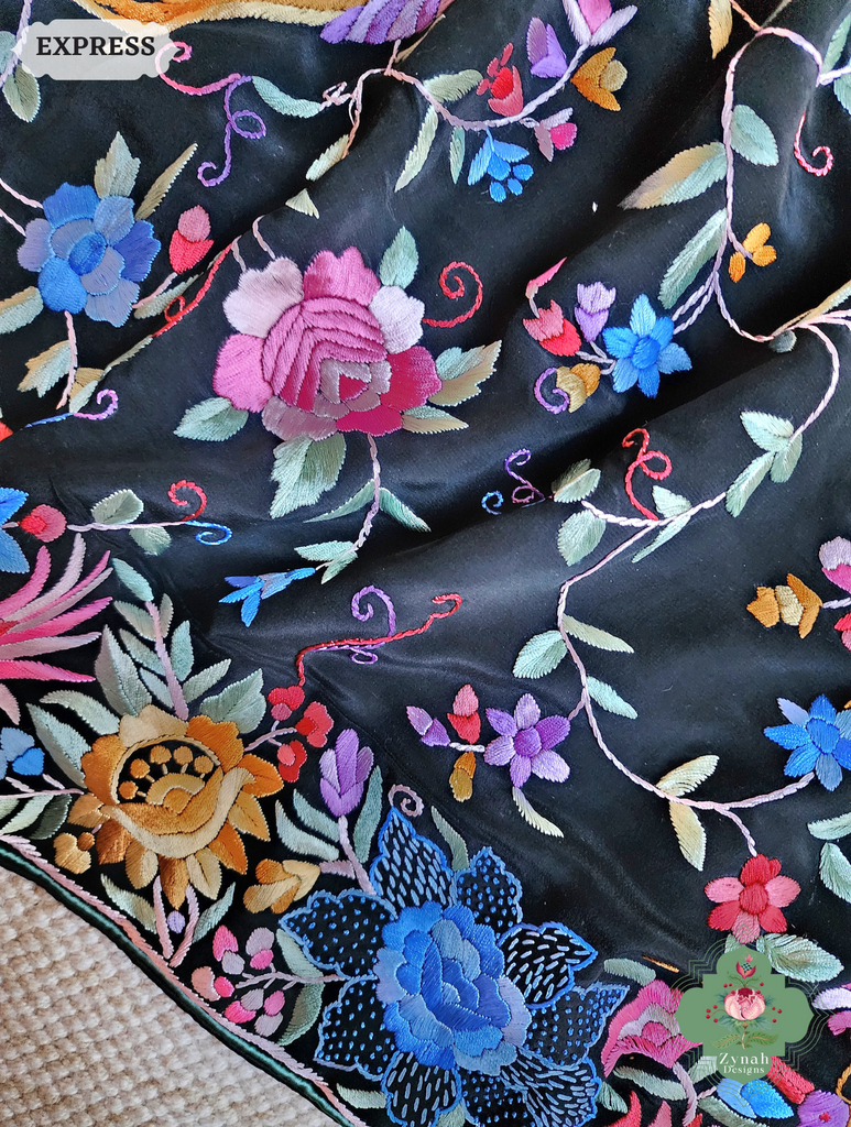 Zynah Made To Order Black Crepe Silk Hand Embroidered Authentic Parsi Gara Saree With Jaal Pallu; Custom Stitched/Ready-made Blouse, Fall, Petticoat; SKU: 0901202501