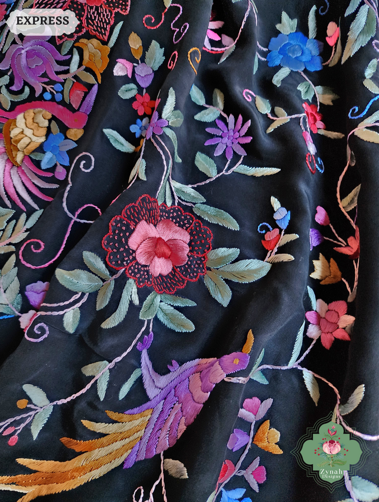 Zynah Made To Order Black Crepe Silk Hand Embroidered Authentic Parsi Gara Saree With Jaal Pallu; Custom Stitched/Ready-made Blouse, Fall, Petticoat; SKU: 0901202501